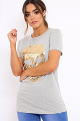 Grey Tshirt with Gold Skull Print - Brook-Tops
