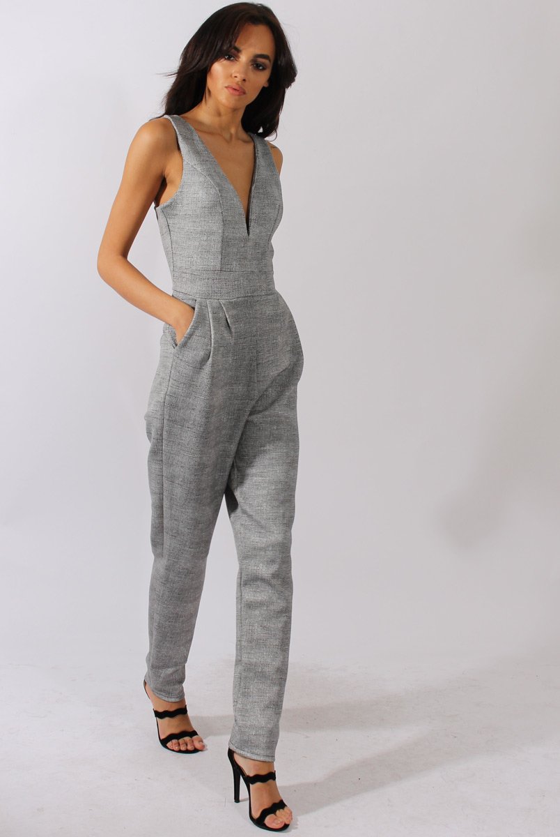 Grey Tweed Print Plunging Fitted Jumpsuit - Dubai-Jumpsuits