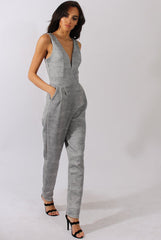 Grey Tweed Print Plunging Fitted Jumpsuit - Dubai-Jumpsuits