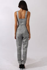 Grey Tweed Print Plunging Fitted Jumpsuit - Dubai-Jumpsuits