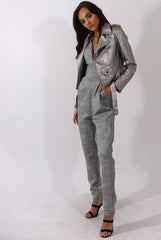 Grey Tweed Print Plunging Fitted Jumpsuit - Dubai-Jumpsuits
