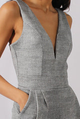 Grey Tweed Print Plunging Fitted Jumpsuit - Dubai-Jumpsuits