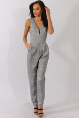 Grey Tweed Print Plunging Fitted Jumpsuit - Dubai-Jumpsuits