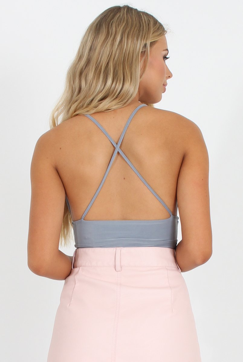 Grey V Front Bodysuit - Jill-Bodysuits