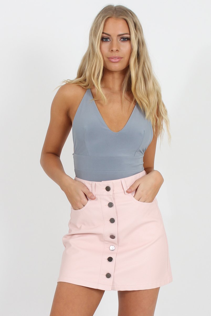 Grey V Front Bodysuit - Jill-Bodysuits