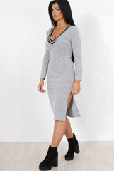 Grey V Front Split Midi Dress-Loretta-Dresses