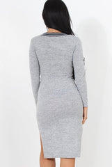 Grey V Front Split Midi Dress-Loretta-Dresses