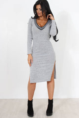 Grey V Front Split Midi Dress-Loretta-Dresses