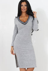 Grey V Front Split Midi Dress-Loretta-Dresses