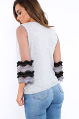 Grey V Neck Jumper with Mesh Ruffled Sleeves - Amirah-Jumper