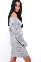 Grey V Neck Twist Knit Jumper Dress - Tilly-Jumper