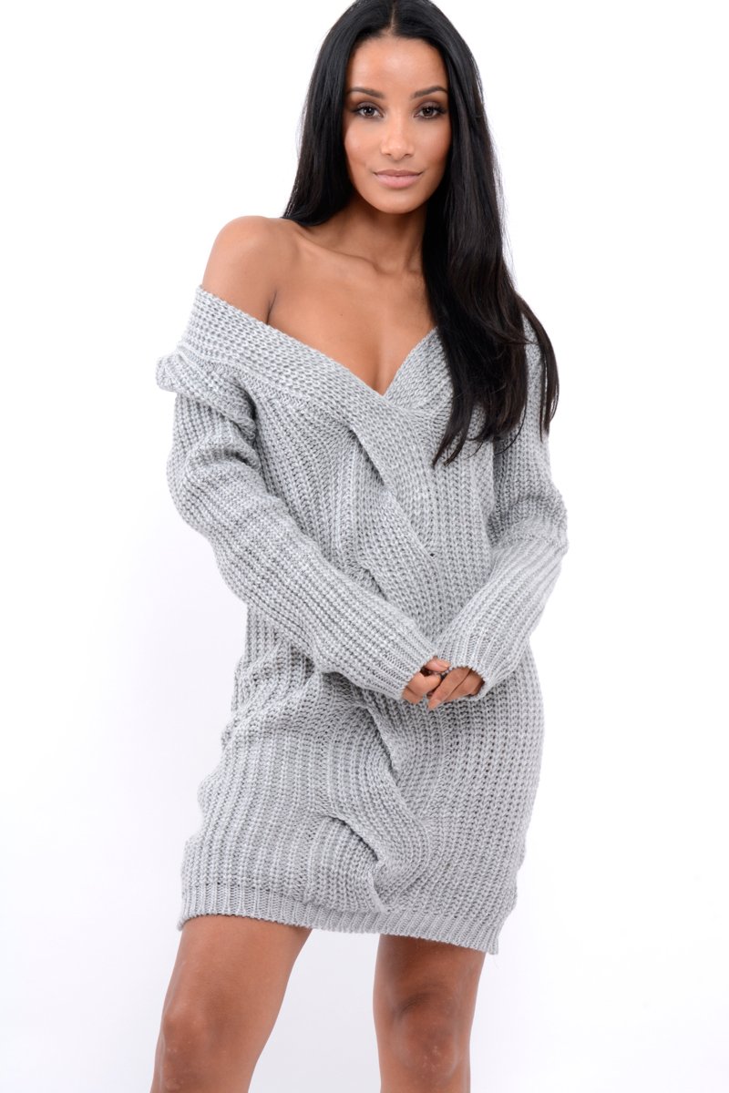 Grey V Neck Twist Knit Jumper Dress - Tilly-Jumper