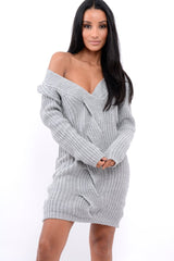 Grey V Neck Twist Knit Jumper Dress - Tilly-Jumper
