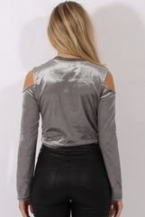 Grey Velvet Cold Shoulder Crop Top - Presile-Crop Tops