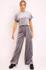 Grey Velvet Crop Top and Trousers Loungewear Set - Kani-Loungewear