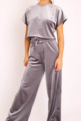 Grey Velvet Crop Top and Trousers Loungewear Set - Kani-Loungewear