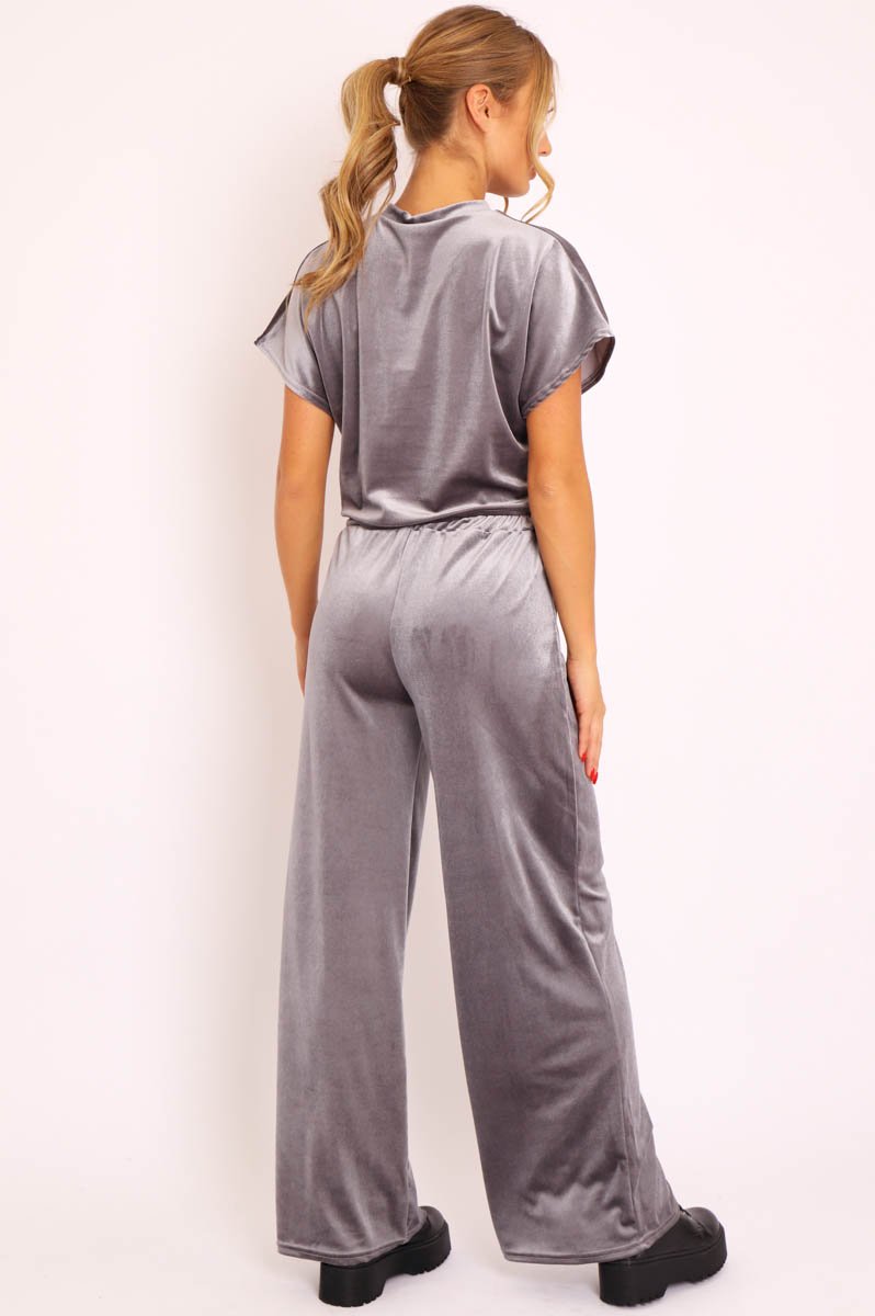Grey Velvet Crop Top and Trousers Loungewear Set - Kani-Loungewear