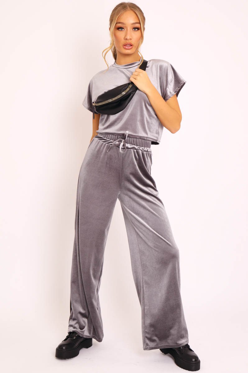 Grey Velvet Crop Top and Trousers Loungewear Set - Kani-Loungewear