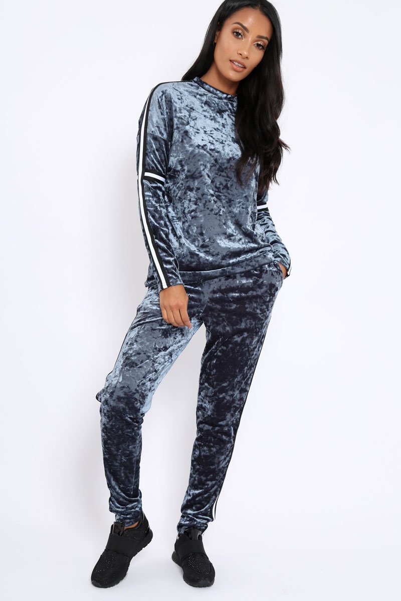 Grey Velvet Striped Trim Co-ord Set - Beau-Co-ords