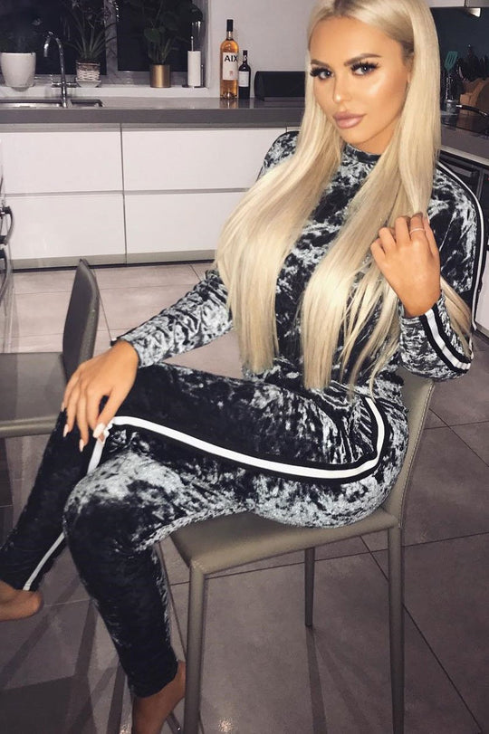 Grey Velvet Striped Trim Co-ord Set - Beau