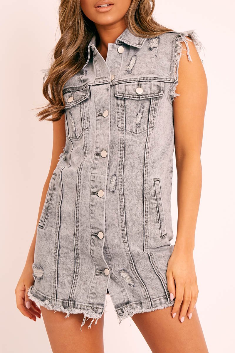 Grey Wash Distressed Sleeveless Denim Shirt Dress - Idaliz-Dresses