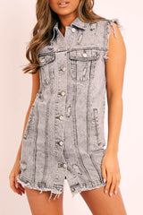 Grey Wash Distressed Sleeveless Denim Shirt Dress - Idaliz-Dresses