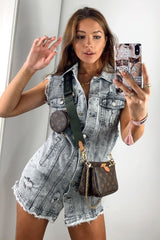 Grey Wash Distressed Sleeveless Denim Shirt Dress - Idaliz-Dresses