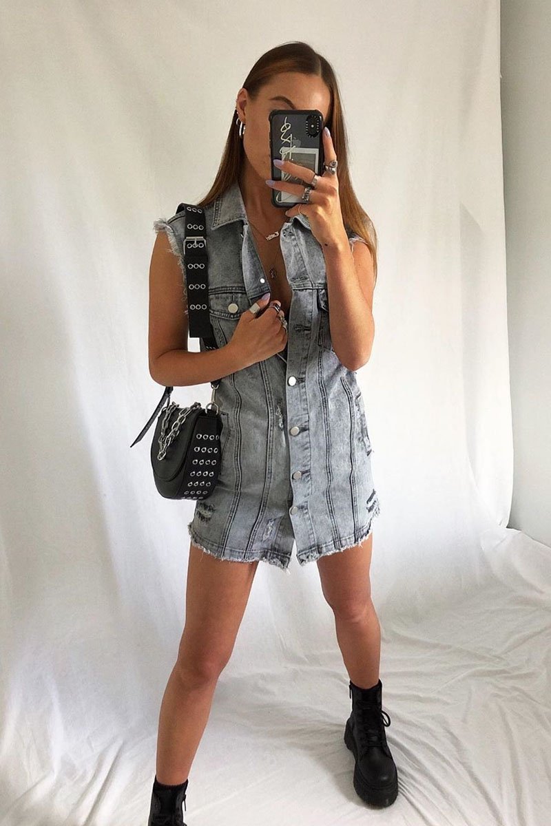 Grey Wash Distressed Sleeveless Denim Shirt Dress - Idaliz-Dresses