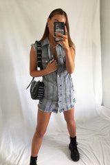 Grey Wash Distressed Sleeveless Denim Shirt Dress - Idaliz-Dresses