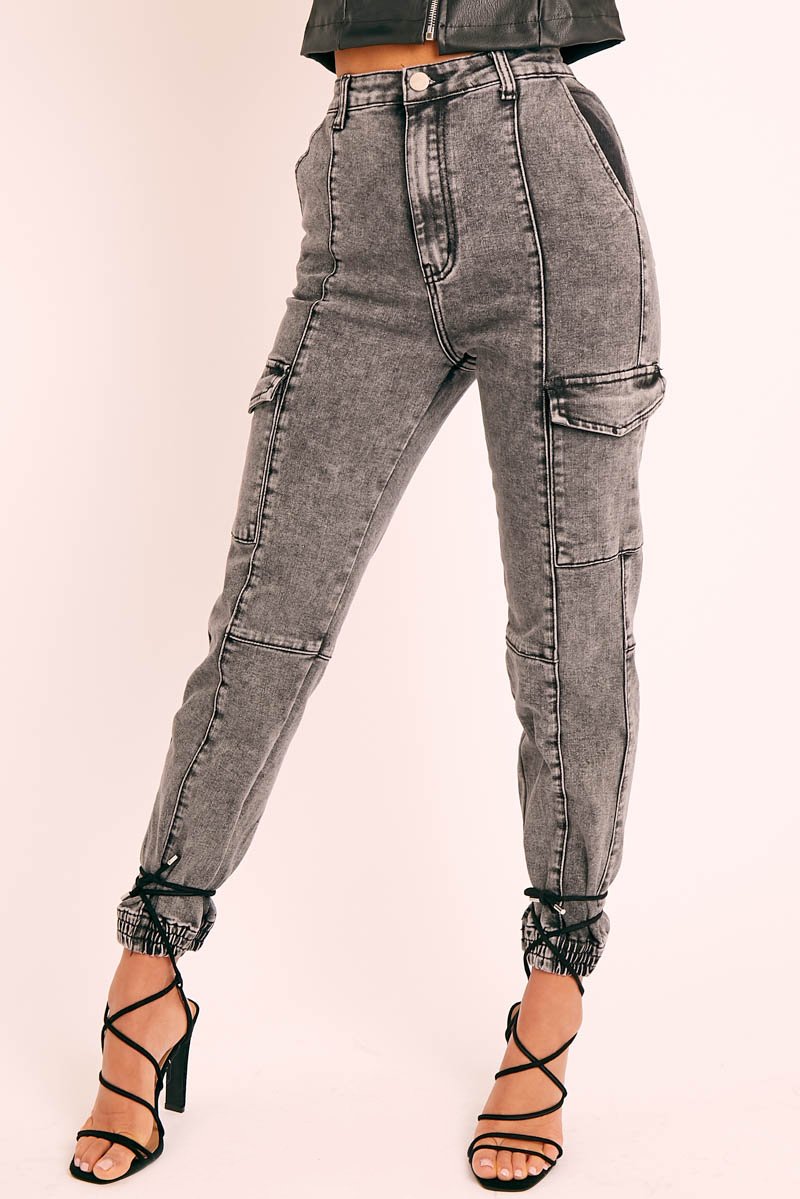 Grey Washed Cargo Cuffed Jeans - Olanna-Jeans