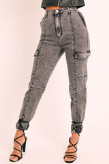 Grey Washed Cargo Cuffed Jeans - Olanna-Jeans