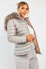 Grey Wet Look Puffer Coat - Soph-Coats