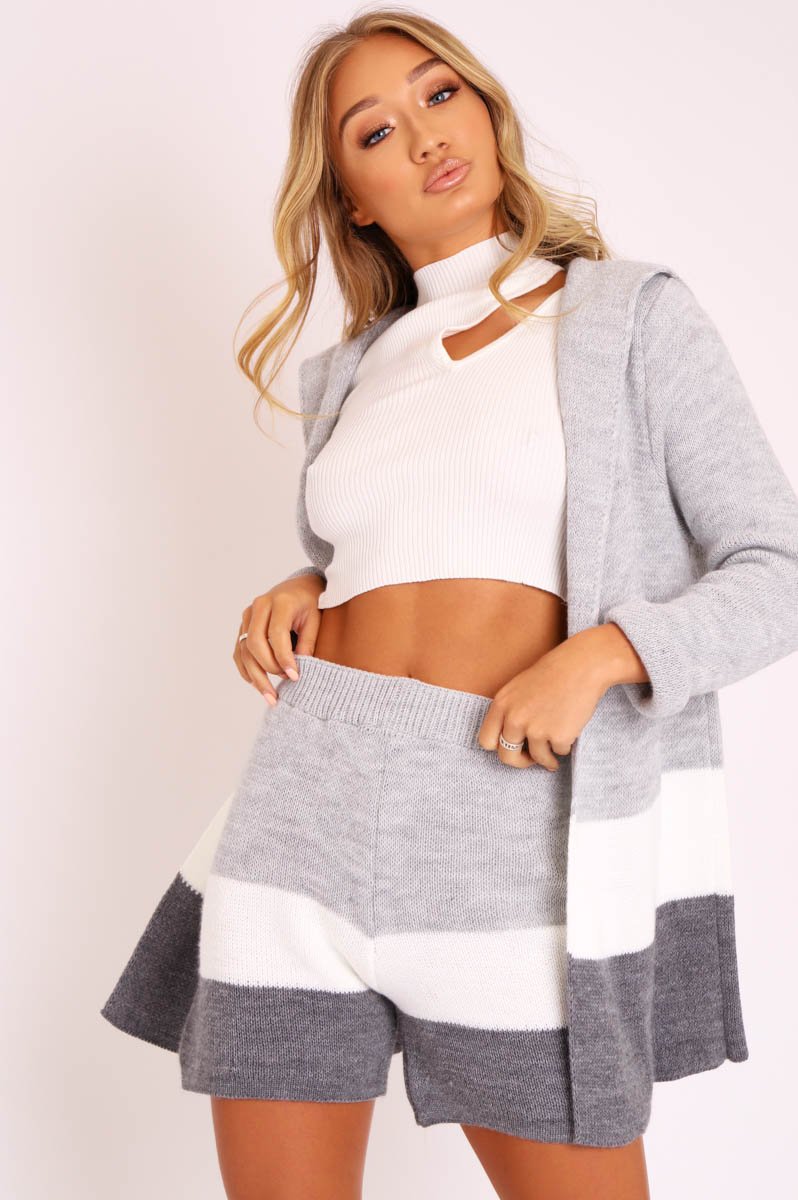 Grey White Knitted Shorts and Hooded Cardigan Co-ord - Kyrie-Cardigans