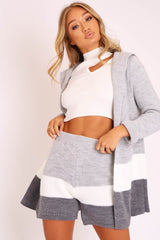 Grey White Knitted Shorts and Hooded Cardigan Co-ord - Kyrie-Cardigans
