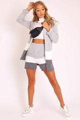 Grey White Knitted Shorts and Hooded Cardigan Co-ord - Kyrie-Cardigans