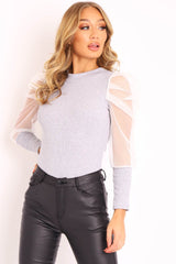 Grey White Net Puff Sleeve Ribbed Top - Aarvi-Tops