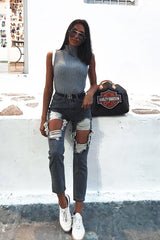 Grey White Rib Funnel Neck Knit Top - Moriyah-Crop Tops