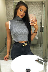 Grey White Rib Funnel Neck Knit Top - Moriyah-Crop Tops
