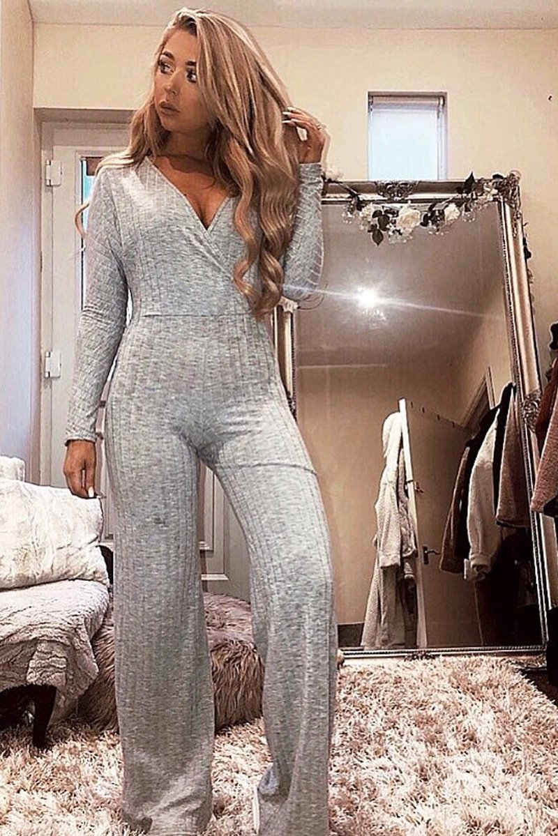 Grey Wide Leg Rib Plunge Jersey Jumpsuit - Tarlia-Jumpsuits