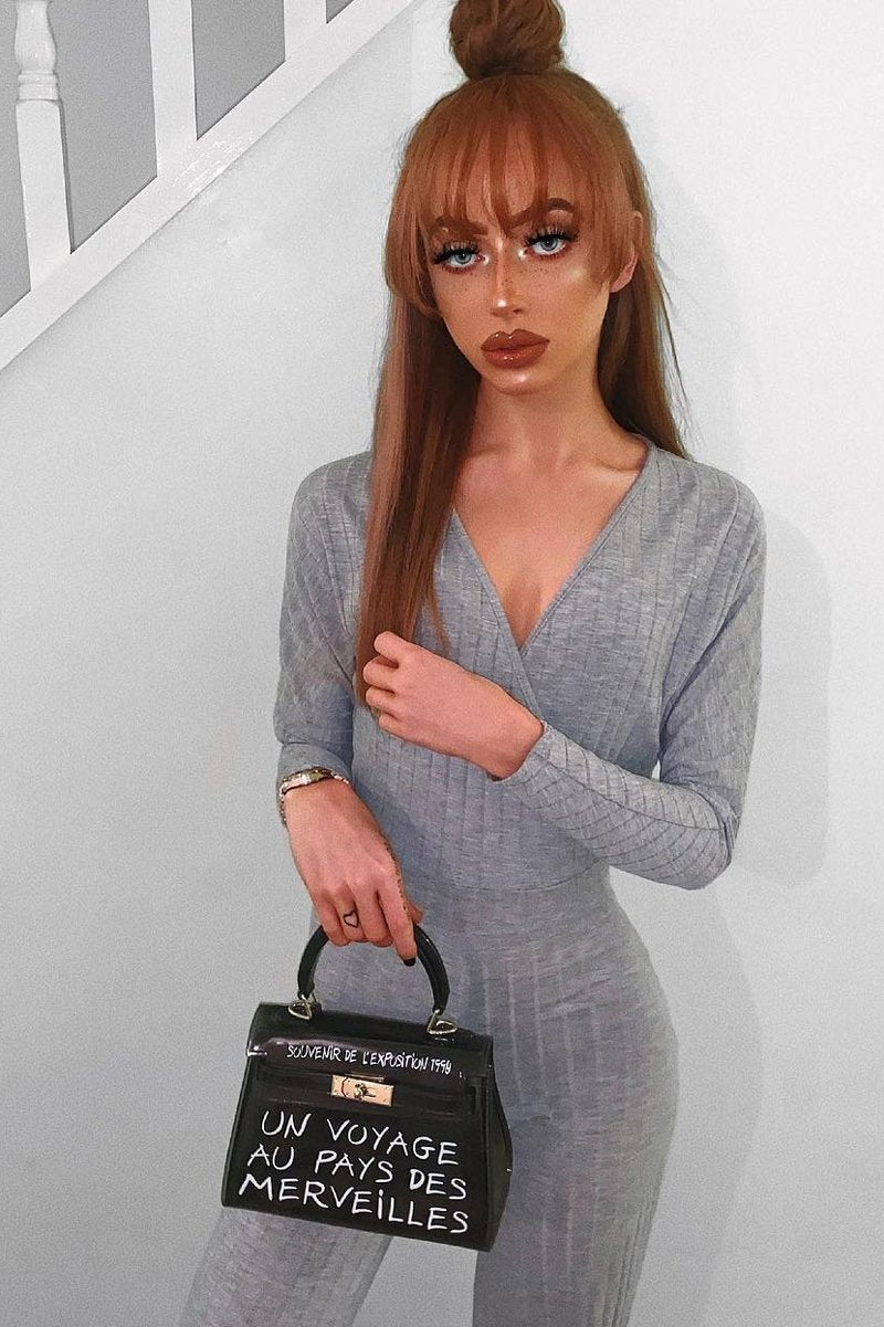 Grey Wide Leg Rib Plunge Jersey Jumpsuit - Tarlia-Jumpsuits