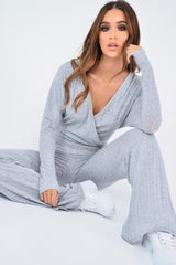 Grey Wide Leg Rib Plunge Jersey Jumpsuit - Tarlia-Jumpsuits