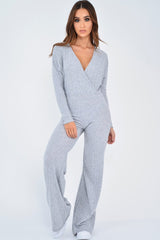 Grey Wide Leg Rib Plunge Jersey Jumpsuit - Tarlia-Jumpsuits