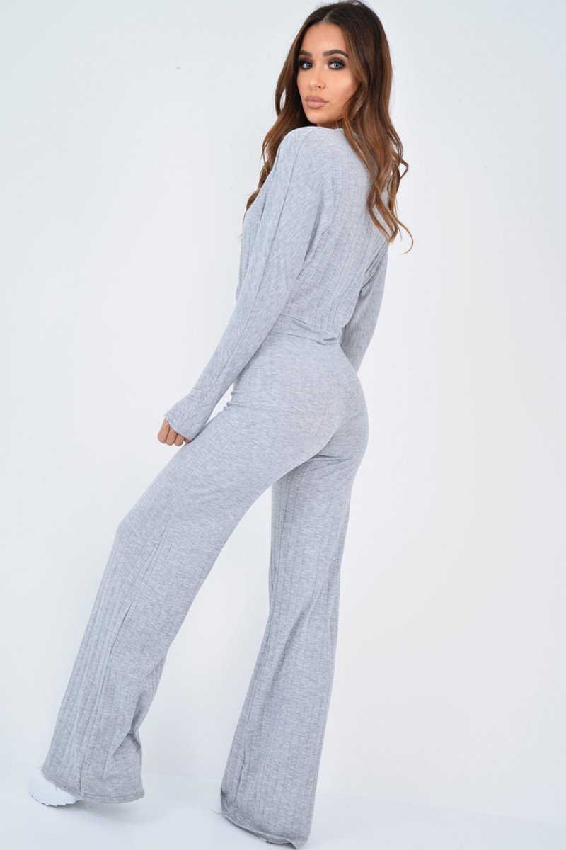 Grey Wide Leg Rib Plunge Jersey Jumpsuit - Tarlia-Jumpsuits