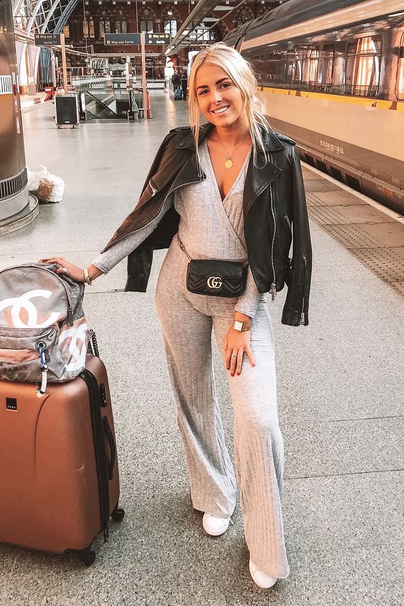 Grey Wide Leg Rib Plunge Jersey Jumpsuit - Tarlia-Jumpsuits