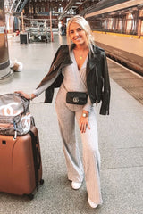 Grey Wide Leg Rib Plunge Jersey Jumpsuit - Tarlia-Jumpsuits