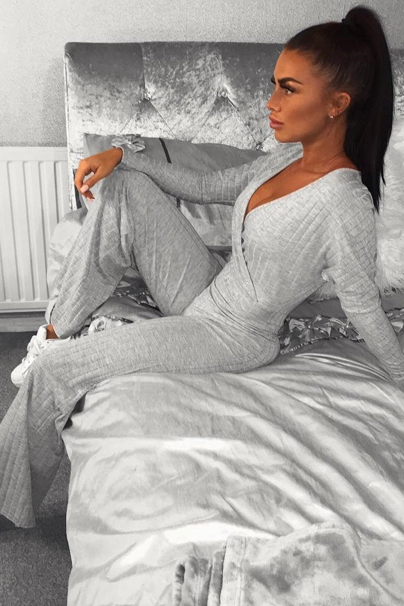 Grey Wide Leg Rib Plunge Jersey Jumpsuit - Tarlia-Jumpsuits