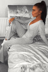 Grey Wide Leg Rib Plunge Jersey Jumpsuit - Tarlia-Jumpsuits