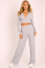Grey Wide Leg Ribbed Plunge Neck Co-ord - Brooke-Co-ords