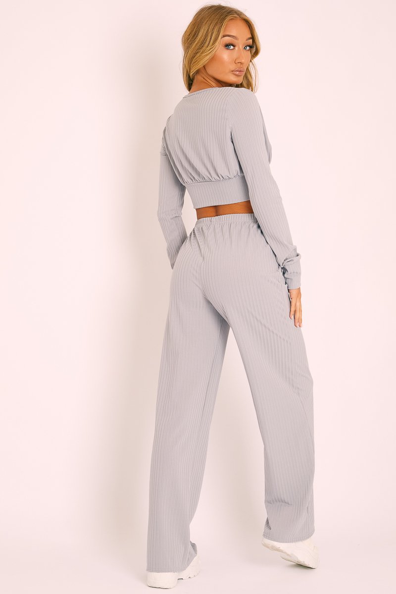 Grey Wide Leg Ribbed Plunge Neck Co-ord - Brooke-Co-ords