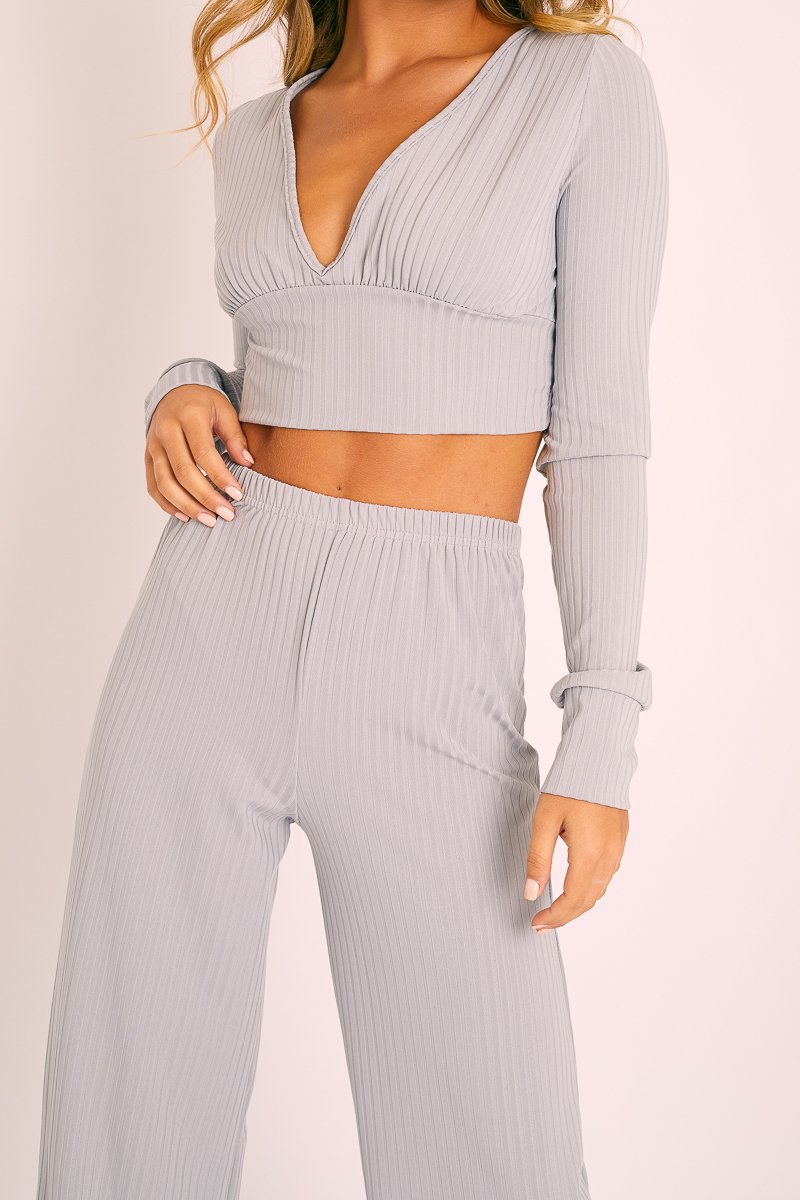 Grey Wide Leg Ribbed Plunge Neck Co-ord - Brooke-Co-ords